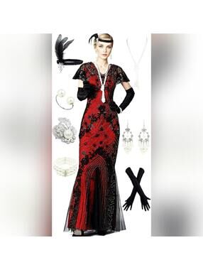 NWT Fundaisy 1920s Gatsby Beaded Mermaid Formal Dress & Accessories, Medium